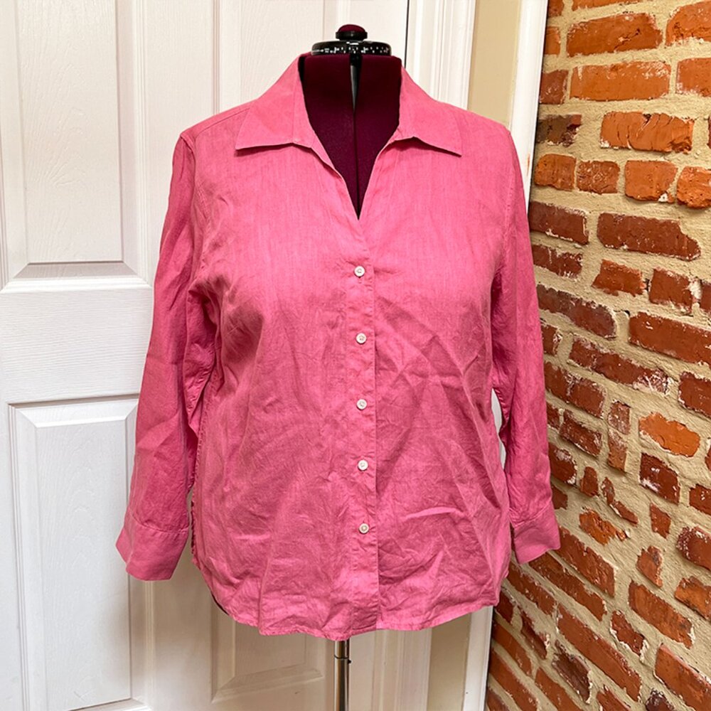 Talbots 100% Pure Irish Linen Dark Pink Long Sleeve Collared Shirt